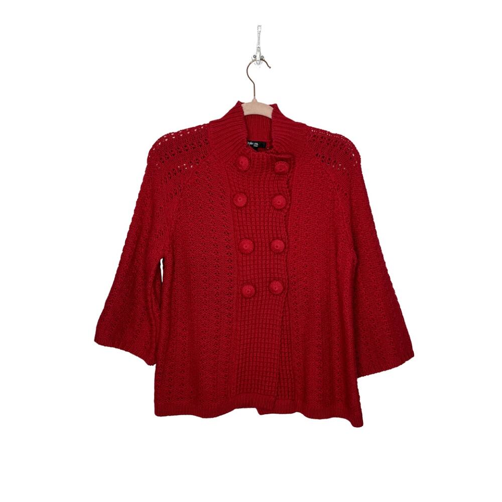 Style & Co Red Snap Button Down Knit 3/4 Sleeves Fit & Flare Sweater Petite L‎